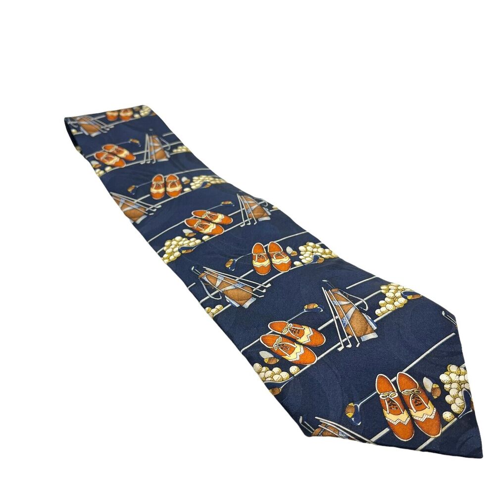 Golf Clubs And Shoes Adjustable Necktie Vintage Beans McGee Mens Blue Silk 56"